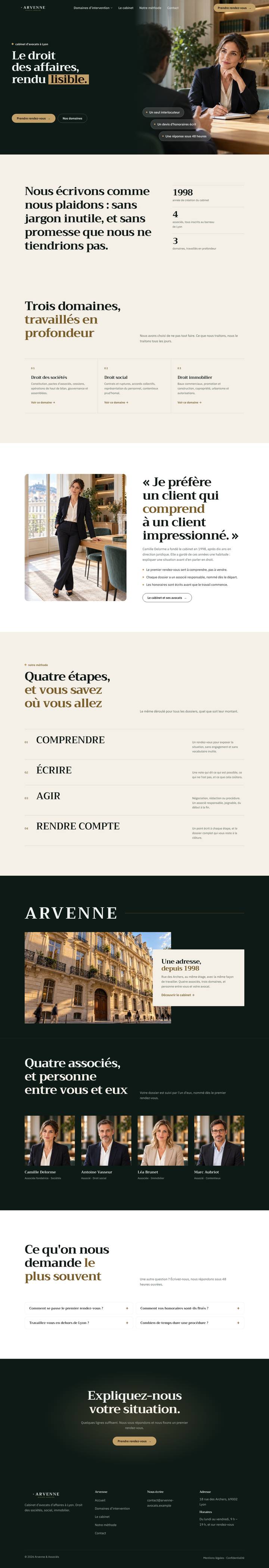 Thème pour cabinets d'avocats et de conseil, sur ordinateur : page d'accueil complète